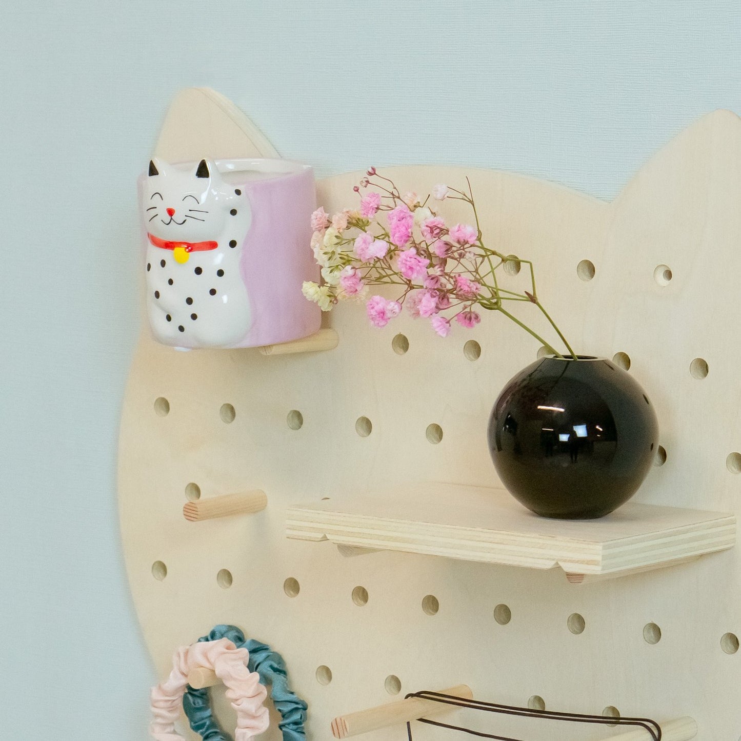 Luvya Kitty Pegboard Organizer – Wooden Cat Shaped Wall Rack with Shelf