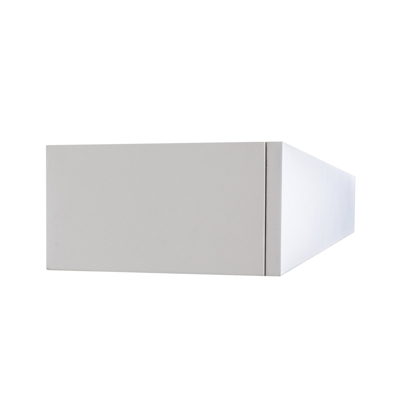 Slim white floating shelf with built-in drawer installed in a small bedroom, highlighting space-saving wall-mounted design