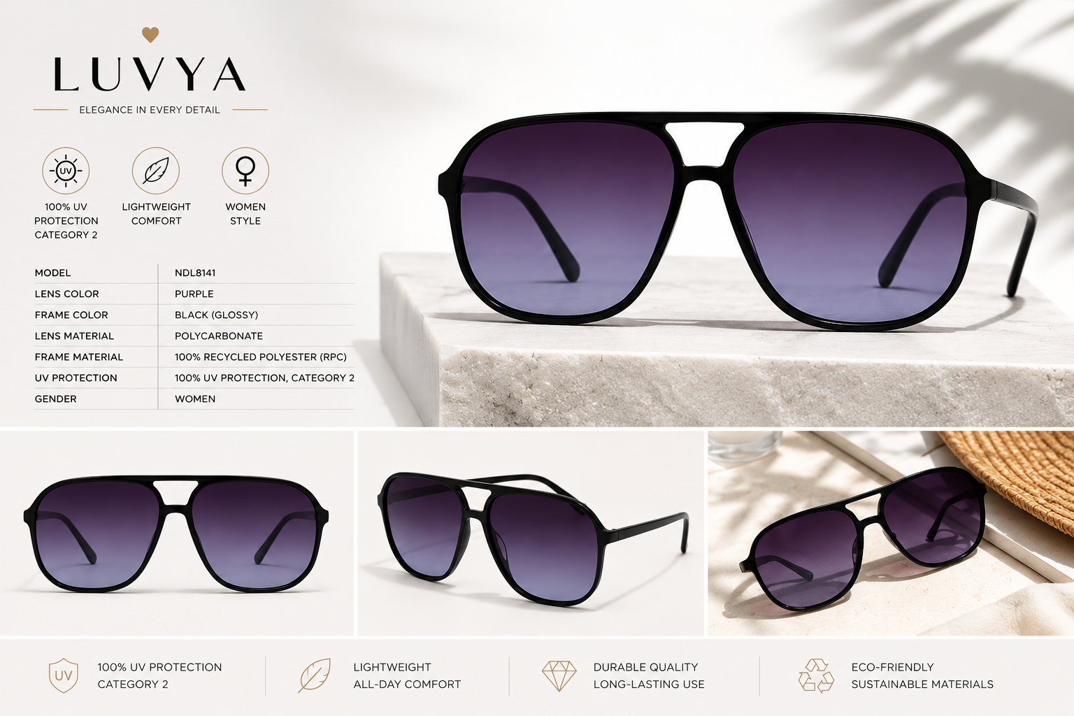 Eco-friendly women’s sunglasses with 100% UV protection by Luvya.