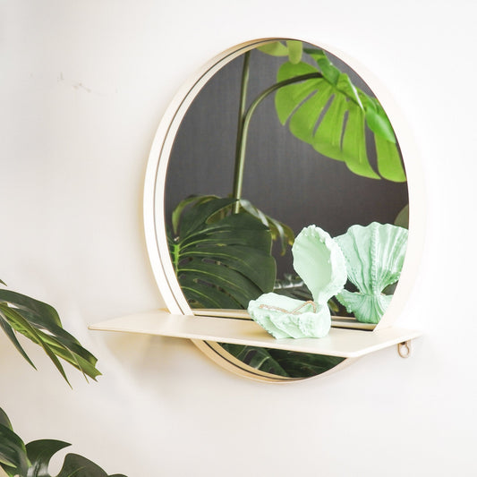 Luvya Ronde Metalen Spiegel met Plank – Zand Ø40cm | Moderne Wandspiegel