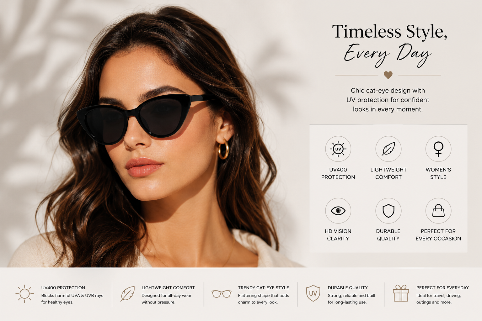 Women’s fashion eyewear with UV400 protection perfect for travel, beach, and casual use