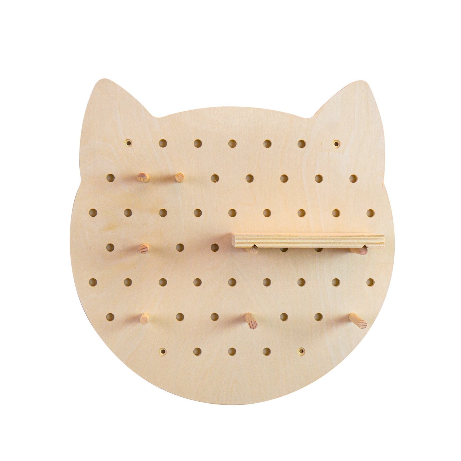 Cat shaped wooden pegboard wall organizer by Luvya with shelf and pegs for storage and decor