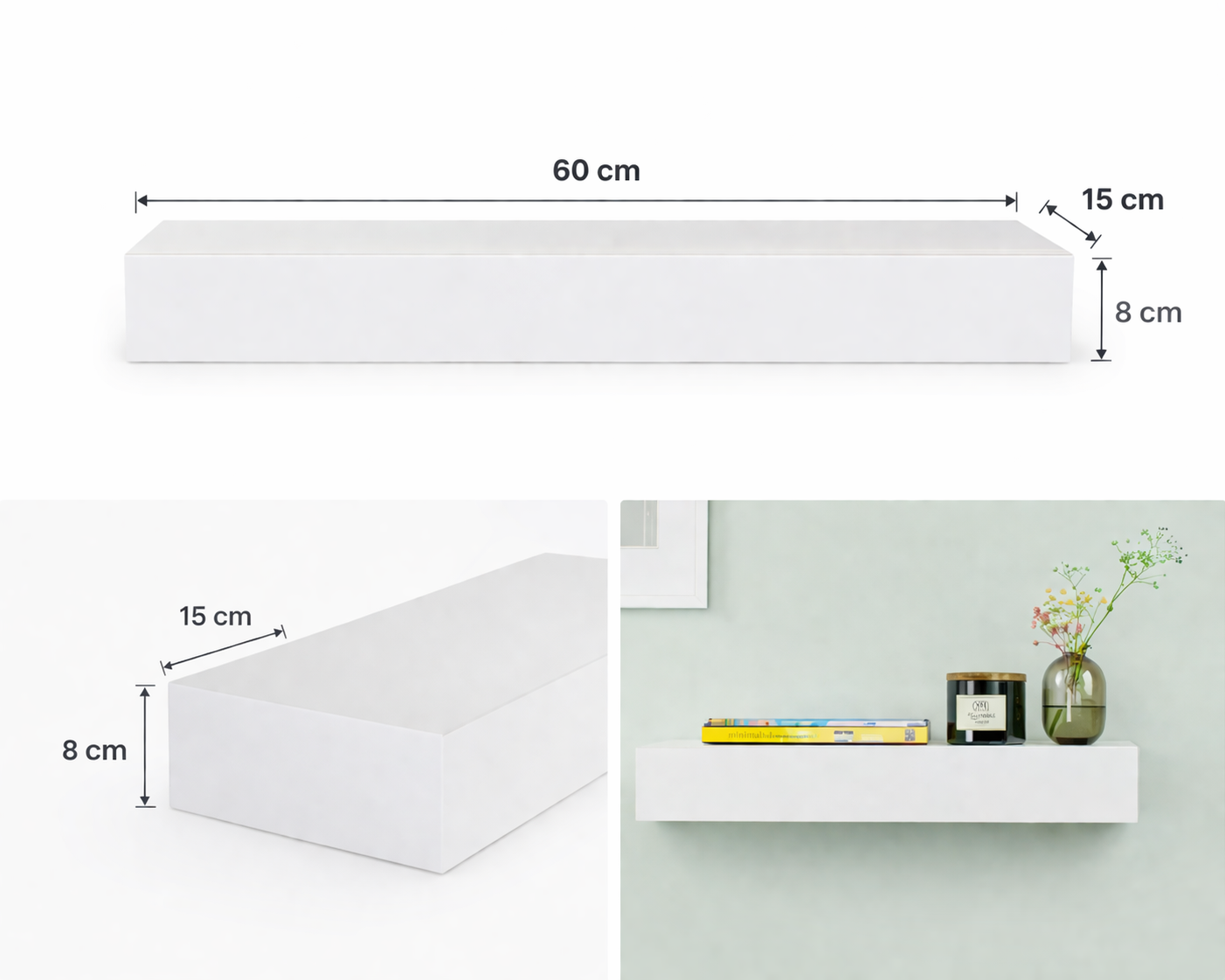 White floating drawer shelf used in hallway and entryway setup with decor items, demonstrating versatile usage