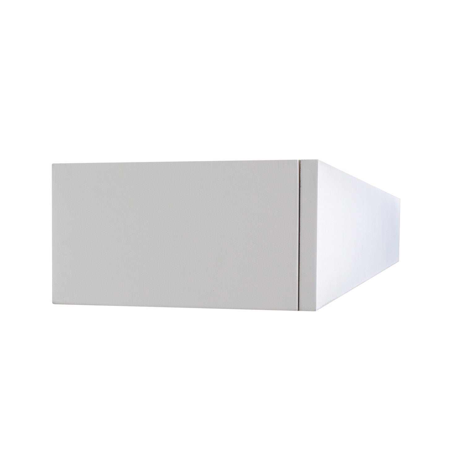 Slim white floating shelf with built-in drawer installed in a small bedroom, highlighting space-saving wall-mounted design