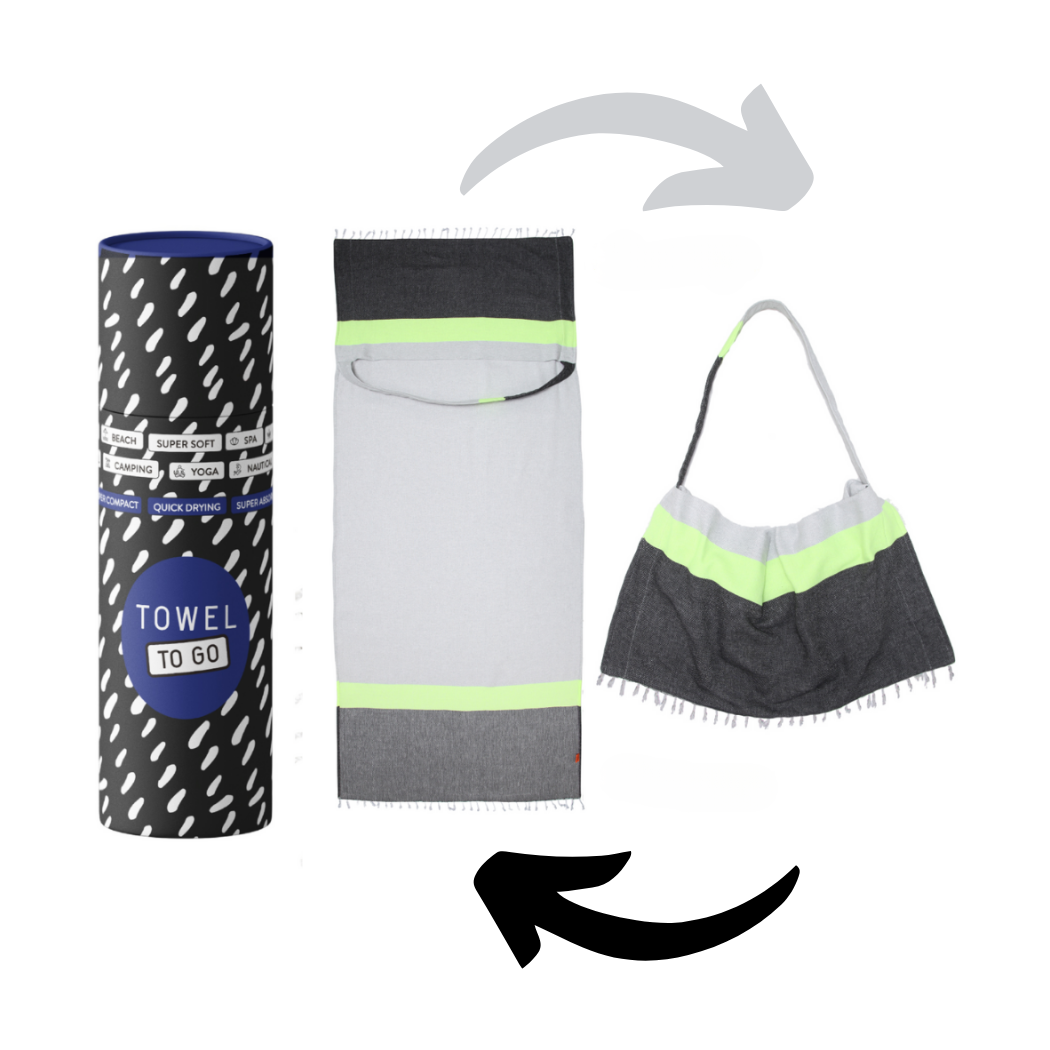 Luvya Neon 2-in-1 Beach Towel & Bag – Grey Black | Recycled Cotton | Convertible Hammam Travel Towel