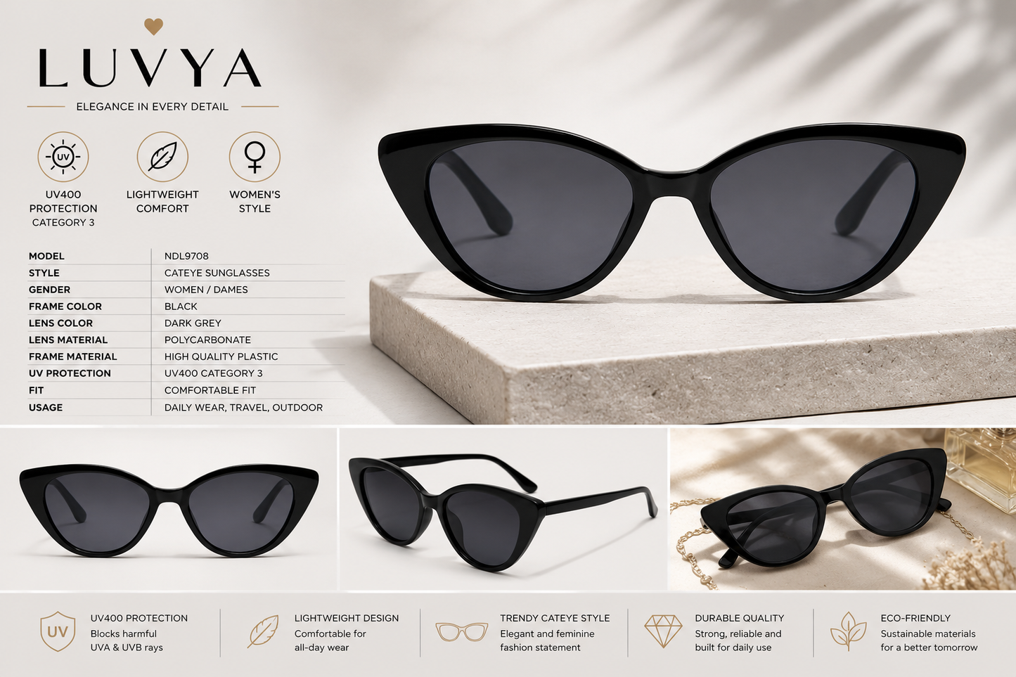 Lightweight fashion sunglasses for women with UV400 eye protection and elegant design