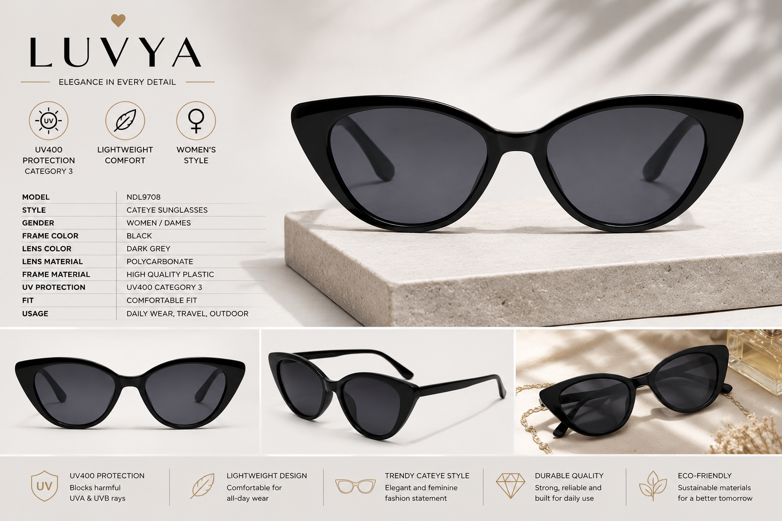 Lightweight fashion sunglasses for women with UV400 eye protection and elegant design