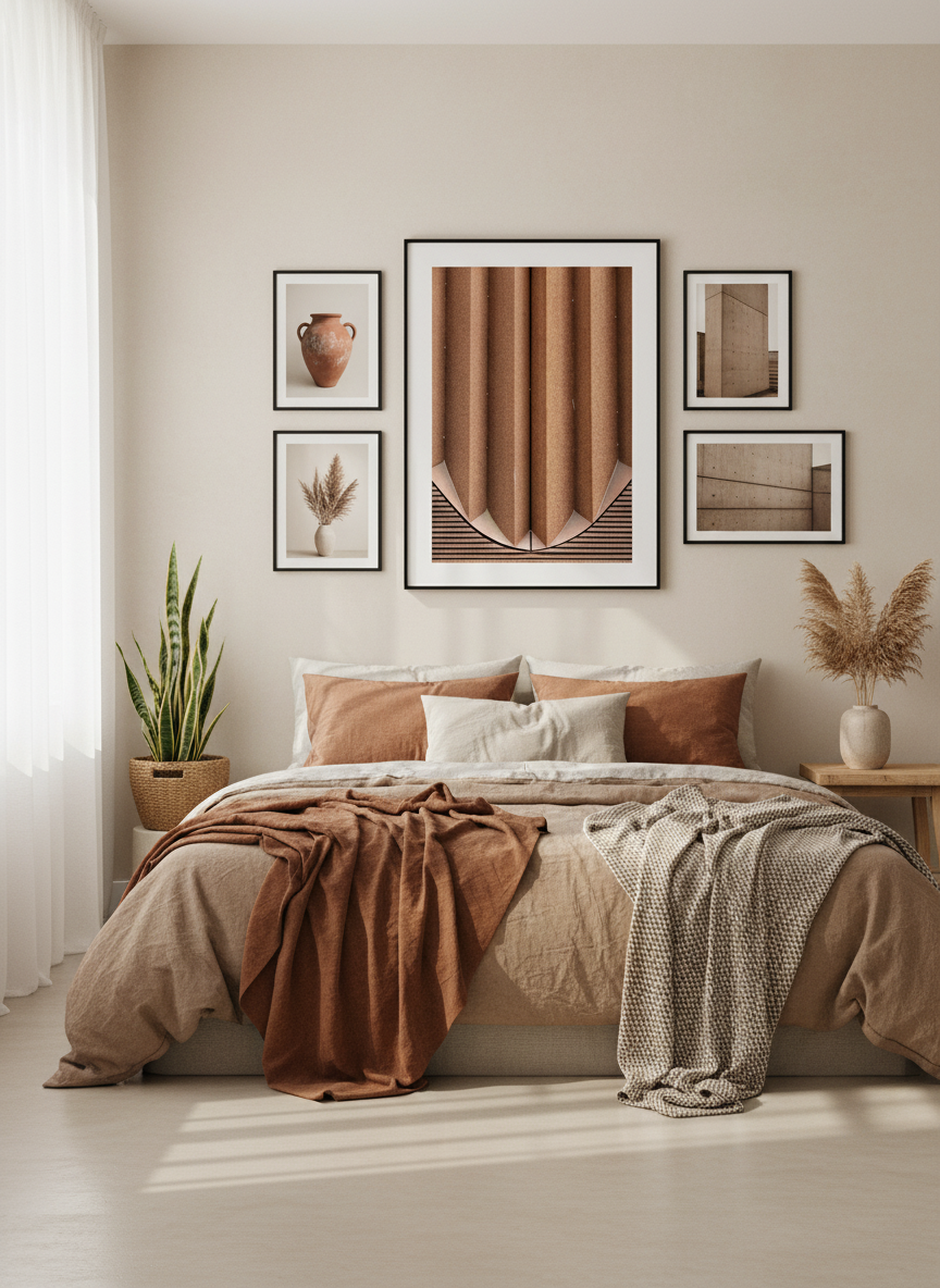Elegant brown abstract wall art above a bed in a minimalist bedroom with soft neutral tones