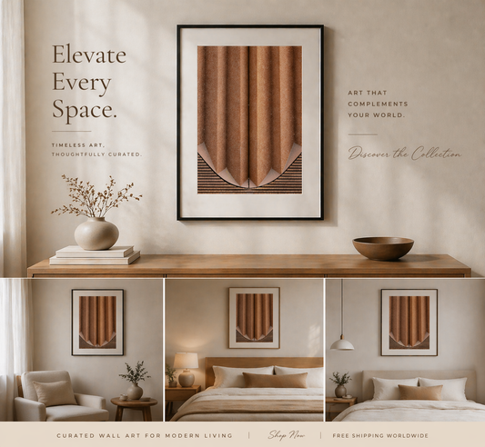 Minimalist neutral-toned interior featuring framed abstract wall art above a wooden console, styled with a ceramic vase, books, and decor accents, showcasing elegant modern home decor for living room and bedroom spaces.