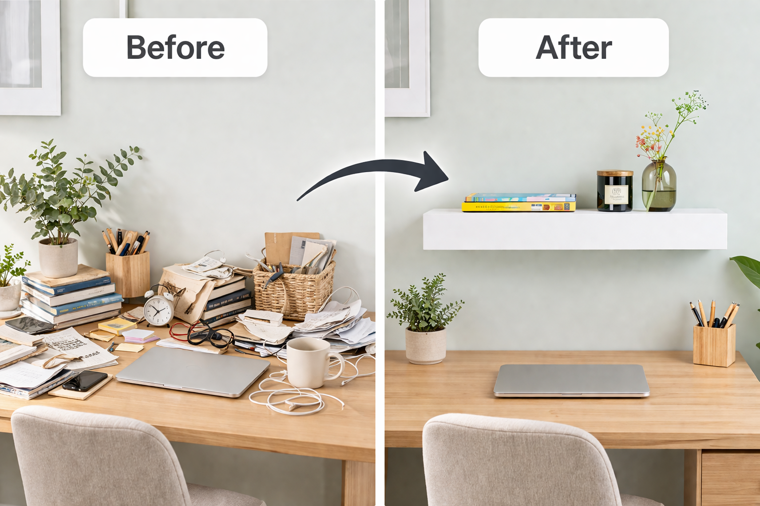 Wall-mounted shelf with open drawer showing organized essentials like books, keys, and accessories