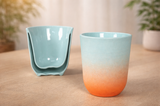 Luvya Sunset Thermo Cup handcrafted porcelain mug with orange and turquoise gradient design
