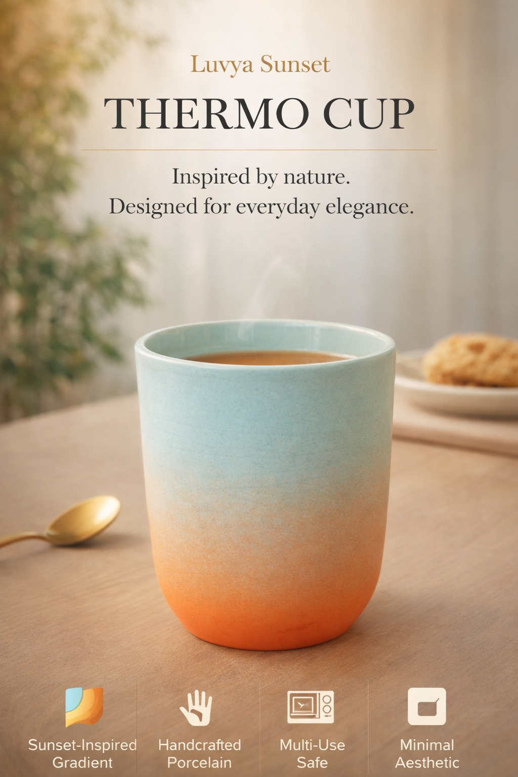 Luvya Sunset Thermo Cup on wooden table with soft natural background minimal aesthetic coffee mug